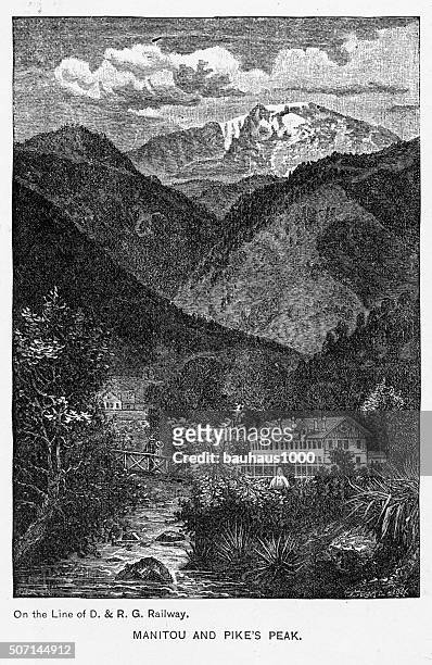 pikes peak and manitou springs victorian engraving - pikes peak national forest 幅插畫檔、美工圖案、卡通及圖標