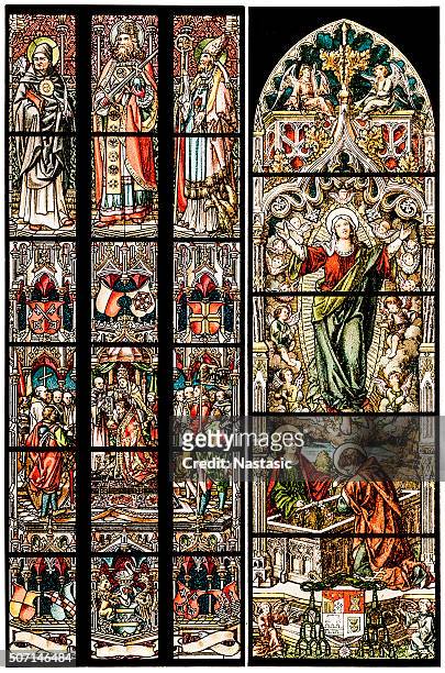 religion motives on stained glass - esher stock illustrations