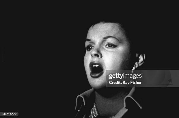 Actress/singer Judy Garland performing on stage at the Fontainebleau Hotel.