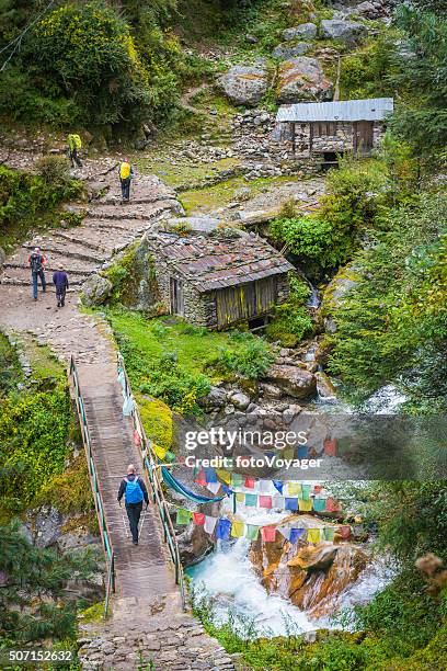 trekkers hiking on everest trail past prayer flags himalayas nepal - khumbu stockfoto's en -beelden