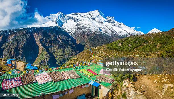 nepal prayer flags teahouses namche bazaar sherpa village himalaya mountains - nepal culture stock pictures, royalty-free photos & images