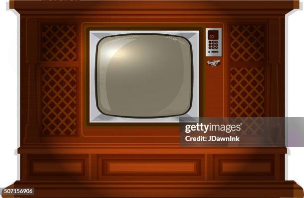 retro wood television with old fashioned wallpaper - vintage television white background stock illustrations