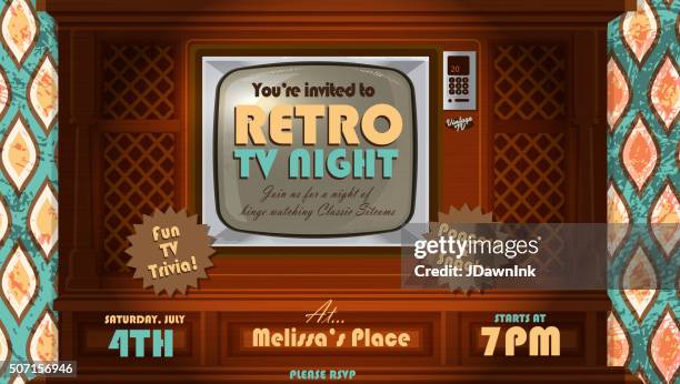 retro tv night invitation design template with vintage wood television - vintage television white background stock illustrations