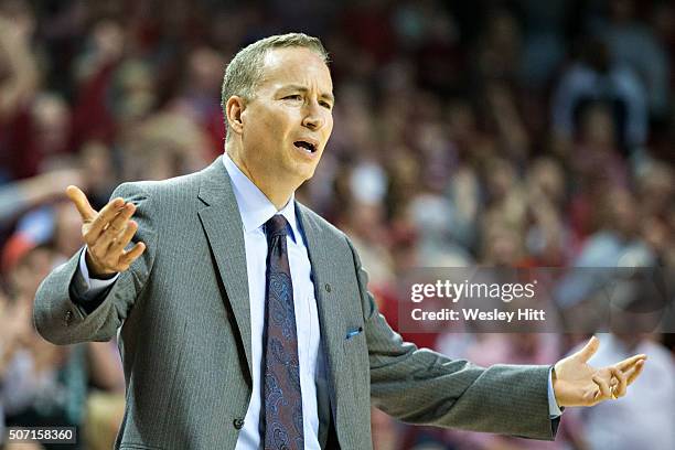 Head coach Billy Kennedy of the Texas A&M Aggies reacts to a foul call during the second half of a game against the Arkansas Razorbacks at Bud Walton...