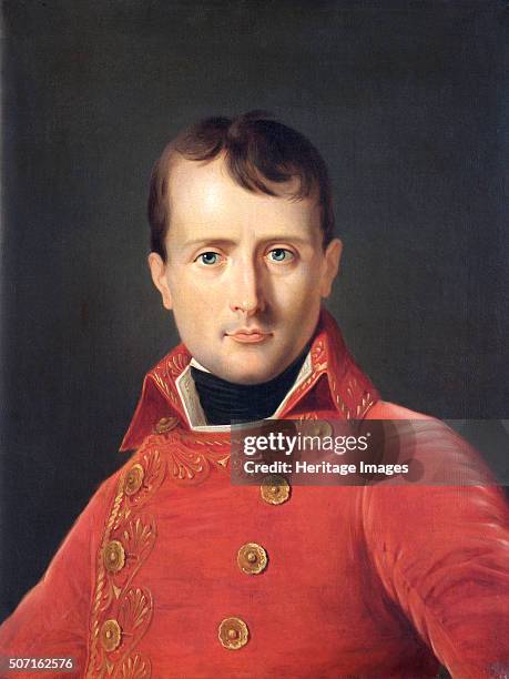 Portrait of Napoleon Bonaparte, c1803. Napoleon , aged about 35, wearing the double breasted, gold embroidered scarlet uniform of the First Consul ....