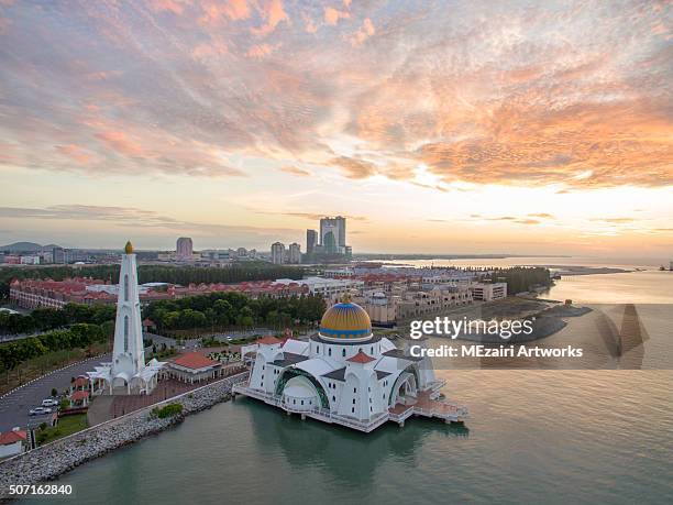 aerial view of sunrise at floating mosque malacca - floating mosque bildbanksfoton och bilder