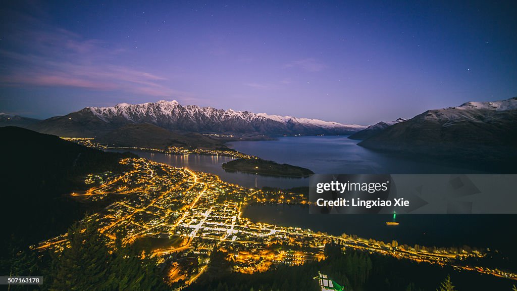 Aerial view of Queenstown cityscape at night, New Zealand