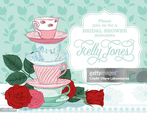 botanical roses tea party bridal shower template - tea party invite stock illustrations