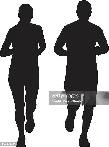 stockillustraties, clipart, cartoons en iconen met couple running together - woman running silhouette