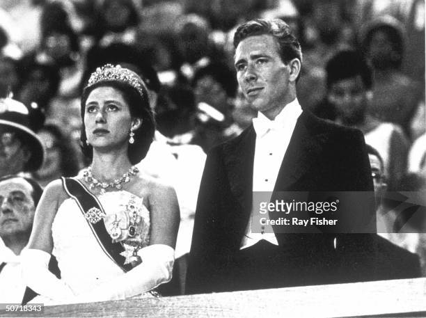 Princess Margaret and husband Antony Armstrong-Jones at state ball during Jamaican independence celebration.