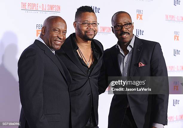 Director John Singleton, actor Cuba Gooding, Jr. And actor Courtney B. Vance attend the premiere of "American Crime Story - The People V. O.J....