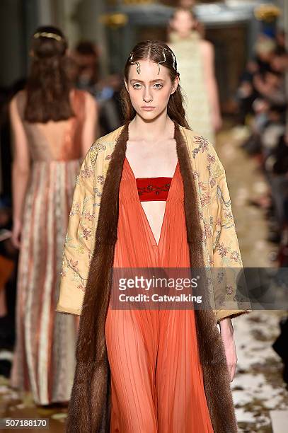 Model walks the runway at the Valentino Spring Summer 2016 fashion show during Paris Haute Couture Fashion Week on January 27, 2016 in Paris, France.