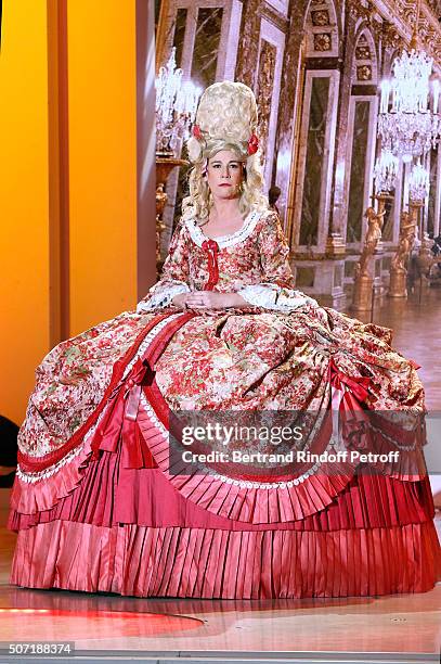 Humorist Virginie Hocq performs during the 'Vivement Dimanche' French TV Show at Pavillon Gabriel on January 27, 2016 in Paris, France.