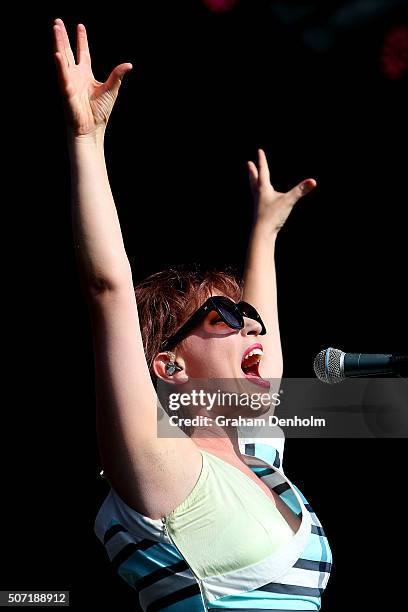 Lou James of Alpine performs on the Heineken Live Stage during day eleven of the 2016 Australian Open at Melbourne Park on January 28, 2016 in...