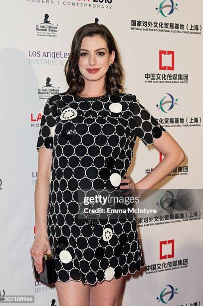 Actress Anne Hathaway arrives at the LA Art Show and Los Angeles Fine Art Show's 2016 Opening Night Premiere Party Benefiting St. Jude Children's...