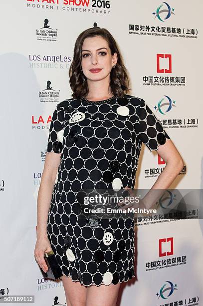 Actress Anne Hathaway arrives at the LA Art Show And Los Angeles Fine Art Show's 2016 Opening Night Premiere Party Benefiting St. Jude Children's...