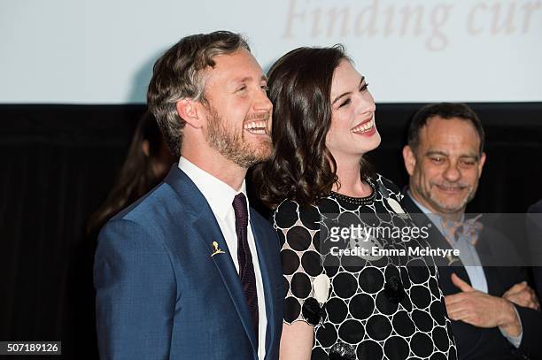 Actress Anne Hathaway and husband Adam Shulman attend the LA Art Show And Los Angeles Fine Art Show's 2016 Opening Night Premiere Party Benefiting...