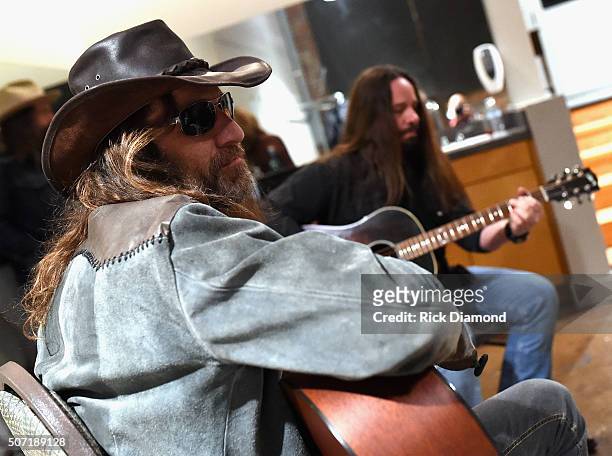Richard Turner and Paul Jackson of Blackberry Smoke backstage in Liberty Hall at The Factory on January 27, 2016 in Franklin, Tennessee.