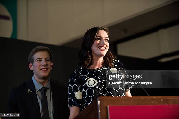 Actress Anne Hathaway attends the LA Art Show And Los Angeles Fine Art Show's 2016 Opening Night Premiere Party Benefiting St. Jude Children's...