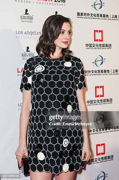 Actress Anne Hathaway arrives at the LA Art Show And Los Angeles Fine Art Show's 2016 Opening Night Premiere Party Benefiting St. Jude Children's...