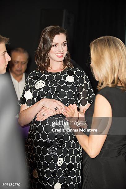 Actress Anne Hathaway attends the LA Art Show And Los Angeles Fine Art Show's 2016 Opening Night Premiere Party Benefiting St. Jude Children's...