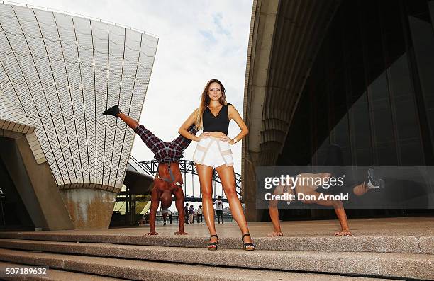 Miss Universe Australia Monika Radulovic poses alongside Jerome Sordillon and Shun Sugimoto from the the cast of Blanc de Blanc at Sydney Opera House...