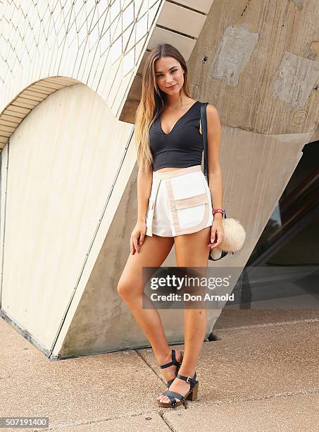 Miss Universe Australia Monika Radulovic poses prior to meeting the cast of Blanc de Blanc at Sydney Opera House on January 28, 2016 in Sydney,...