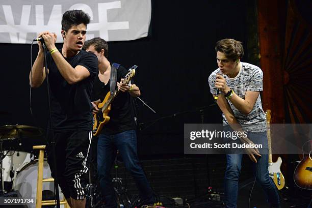 Musicians Emery Kelly and Liam Attridge of the band Forever in your Mind perform onstage at Troubadour on January 27, 2016 in West Hollywood,...