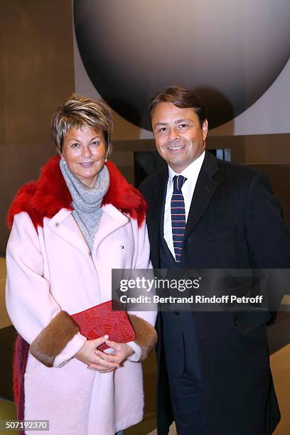 Baroness Myriam Ullens de Schooten and CEO of Maison Ullens Guillaume Lehideux attend the "Bentu" Exhibition at the Louis Vuitton Foundation,...