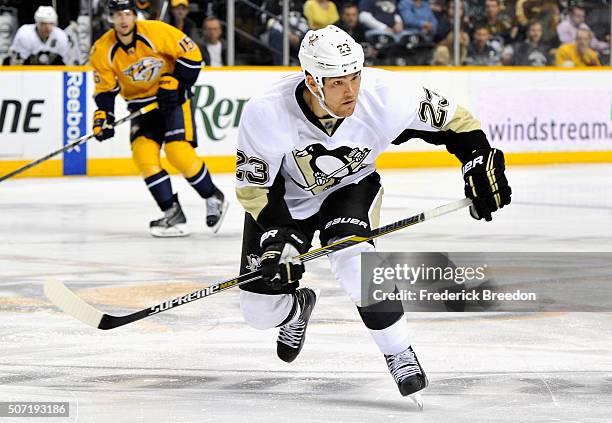 Steve Downie of the Pittsburgh Penguins plays against the Nashville Predators in the game at Bridgestone Arena on October 25, 2014 in Nashville,...