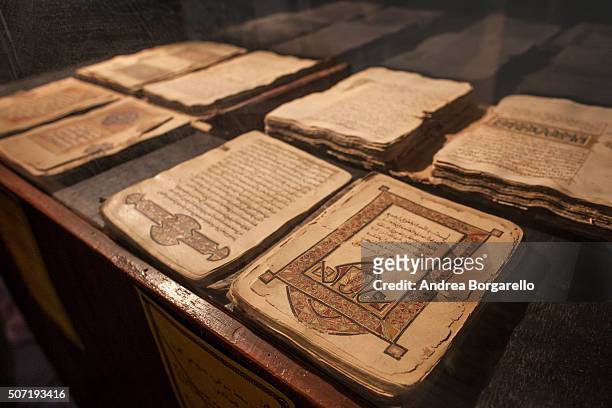 An old manuscripts in Juma Al Majid Centre for the manuscripts conservation and restoration of Timbuktu on January 19, 2010 in Timbuktu, Mali....