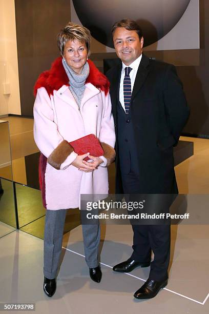 Baroness Myriam Ullens de Schooten and CEO of Maison Ullens Guillaume Lehideux attend the "Bentu" Exhibition at the Louis Vuitton Foundation,...