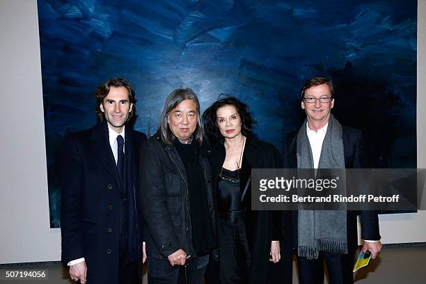 Pierre Pellegry, Artist Yan Pei-Ming , Actress Bianca Jagger and Galerist Thaddaeus Ropac attend the "Bentu" Exhibition at the Louis Vuitton...