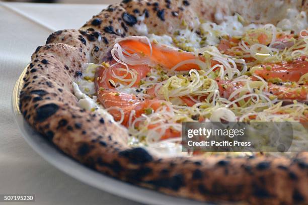 Pizza Patanegra Di Giuseppe Pignalosa: Smoked Salmon, Buffalo Burrata Cheese, Leek and Chopped Pistachios.