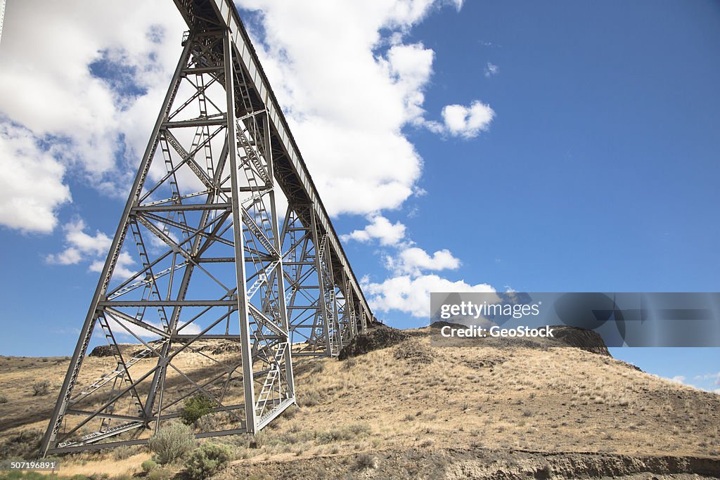 Looking up at a railroad bridge