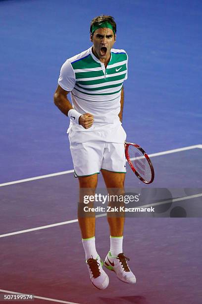 Roger Federer of Switzerland celebrates winning a point in his semi final match against Novak Djokovic of Serbia during day 11 of the 2016 Australian...