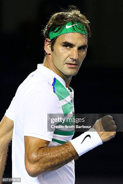 Roger Federer of Switzerland celebrates winning a point in his semi final match against Novak Djokovic of Serbia during day 11 of the 2016 Australian...