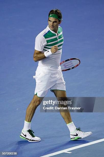 Roger Federer of Switzerland celebrates winning a point in his semi final match against Novak Djokovic of Serbia during day 11 of the 2016 Australian...