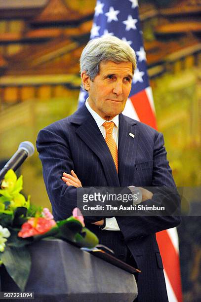 Secretary of State John Kerry looks on during a press conference following their bilateral meeting on January 27, 2016 in Beijing, China. Kerry was...