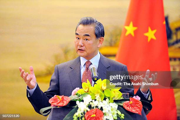 Chinese Foreign Minister Wang Yi speaks during a press conference following their bilateral meeting on January 27, 2016 in Beijing, China. Kerry was...