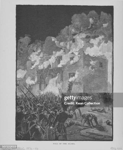 Engraving depicting the fall of the Alamo at the Battle of the Alamo, during the Texas Revolution, USA, March 1836.