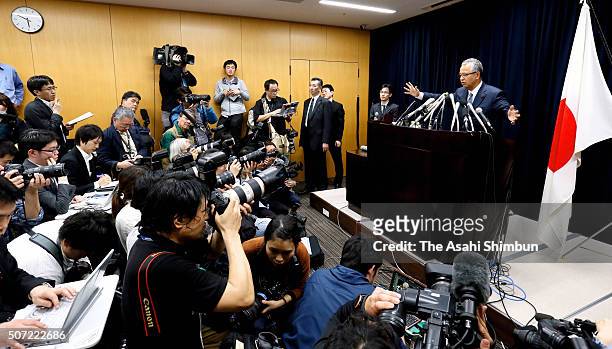 Economy minister Akira Amari attends a news conference announcing his resignation on January 28, 2016 in Tokyo, Japan. Amari announced his...