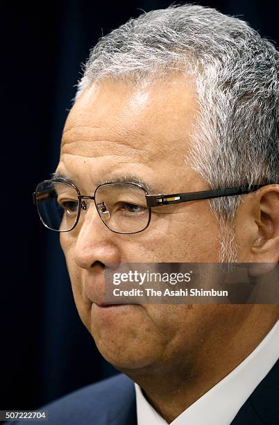 Economy minister Akira Amari attends a news conference announcing his resignation on January 28, 2016 in Tokyo, Japan. Amari announced his...