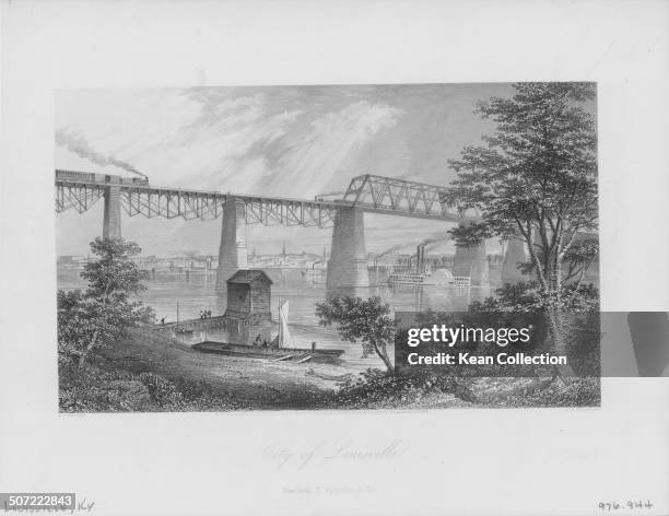 Engraved view across the Ohio River to the city of Louisville, with a railway bridge across the river, Kentucky, circa 1800.