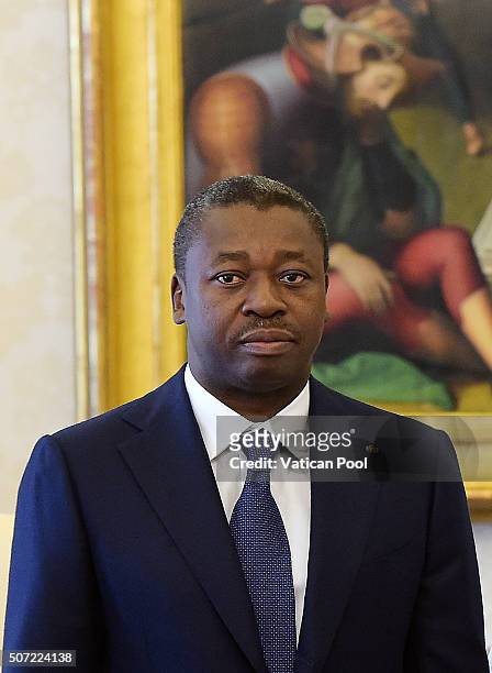 President of Togo Faure Gnassingbe meets Pope Francis at the Apostolic Palace on January 28, 2016 in Vatican City, Vatican. Pope Francis made a...