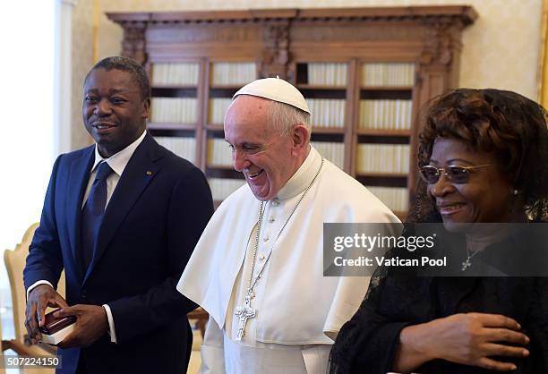 Pope Francis meets President of Togo Faure Gnassingbe and his wife Nana Ama Kufuor at the Apostolic Palace on January 28, 2016 in Vatican City,...