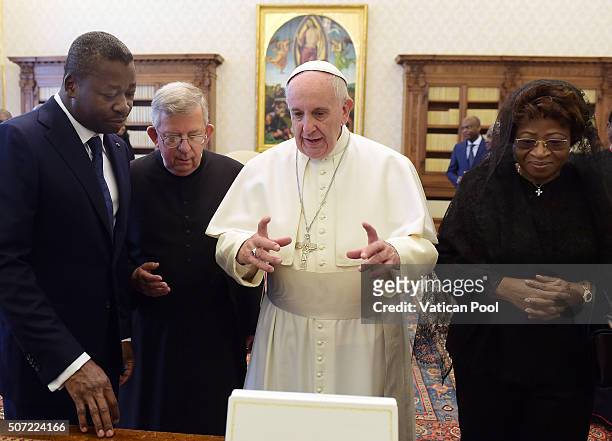 Pope Francis meets President of Togo Faure Gnassingbe and his wife Nana Ama Kufuor at the Apostolic Palace on January 28, 2016 in Vatican City,...