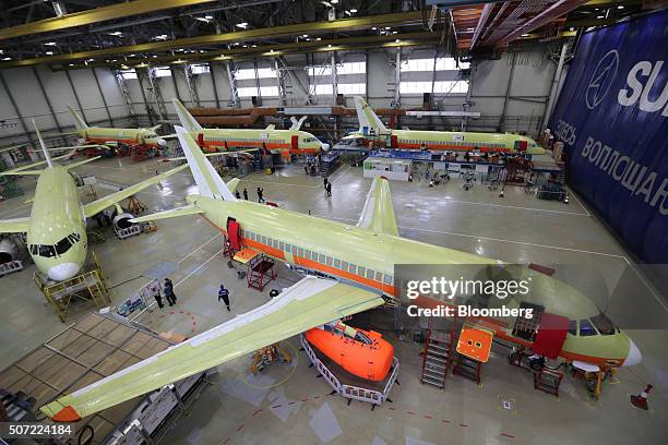 Five Sukhoi Superjet 100 aircraft sit in the Sukhoi Civil Aircraft Co. Final assembly plant in Komsomolsk-on-Amur, Russia, on Wednesday, Jan. 27,...