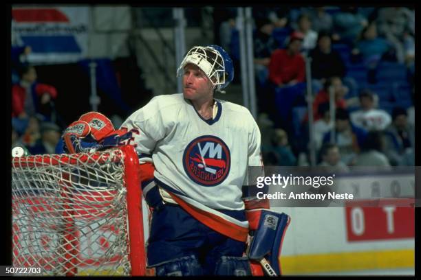 Portrait of NY Islanders Glenn Healy alone during game vs Buffalo Sabres.