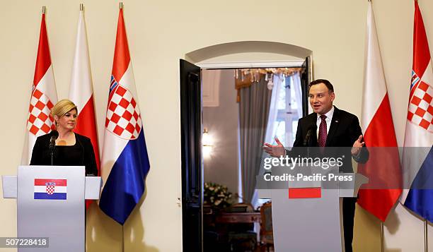 Croatian President, Kolinda Grabar-Kitarovic and Polish President Andrzej Duda hold a press conference during the Croatian Presidents visit to...